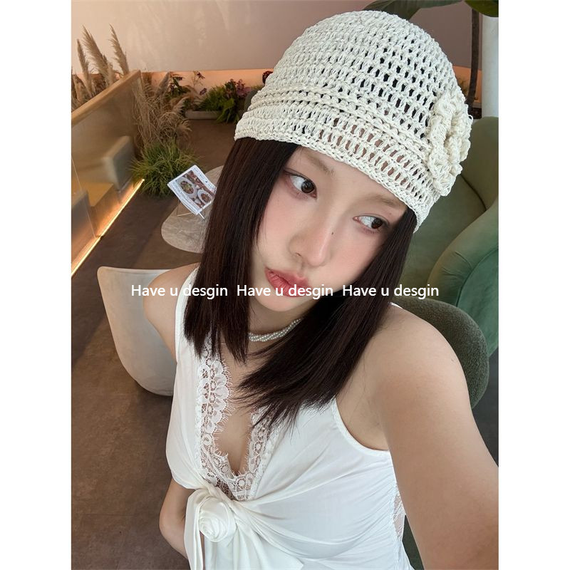 Have u desgin Hàn Quốc 25ss Nguyên Chất Handmade Hoa Rỗng Baotou Mũ Nữ Mùa Hè Mỏng Đính Kim Sa Lấp Lánh Bầu Không Khí Nóng Cô Gái Áo Chui Đầu Mũ Lạnh