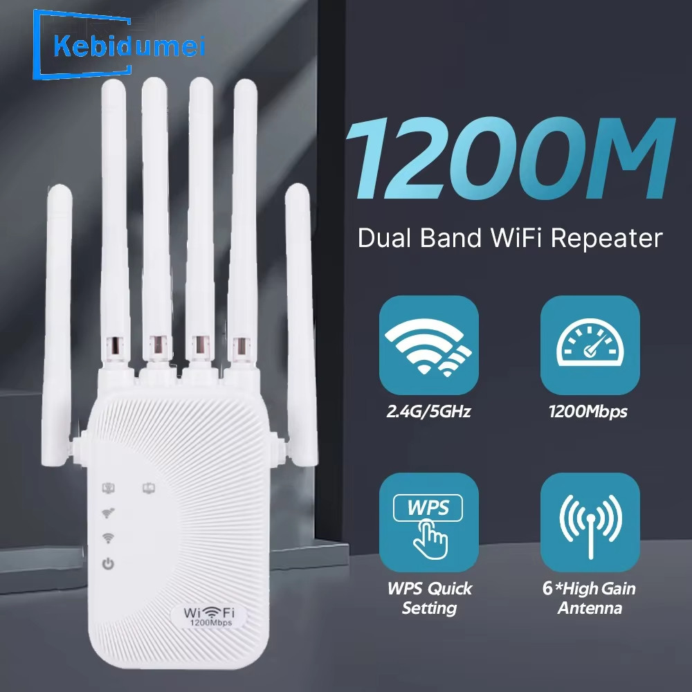 Bộ lặp WiFi không dây Bộ tăng cường tín hiệu WiFi 1200Mbps 2.4G 5G Cổng mạng kép 6 Ăng-ten Bộ khuếch đại tín hiệu tầm xa cho khách sạn gia đình