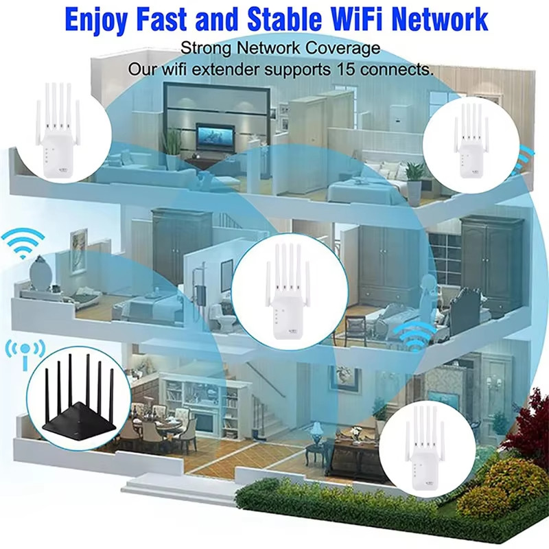 Bộ lặp WiFi không dây Bộ tăng cường tín hiệu WiFi 1200Mbps 2.4G 5G Cổng mạng kép 6 Ăng-ten Bộ khuếch đại tín hiệu tầm xa cho khách sạn gia đình