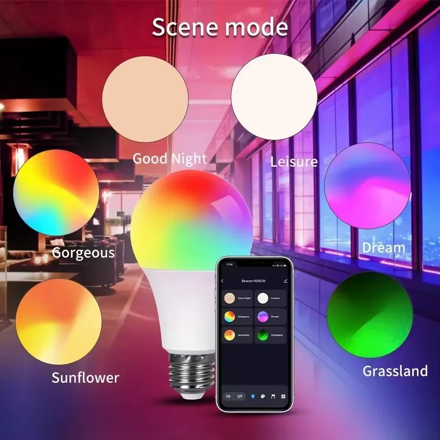 2 Bóng đèn LED WiFi thông minh E27 Điều khiển ứng dụng RGB thông minh 9W 220V Đèn đổi màu Tương thích IOS / Android Đèn thông minh Ampoule có thể điều chỉnh độ sáng cho ngoài trời trong nhà