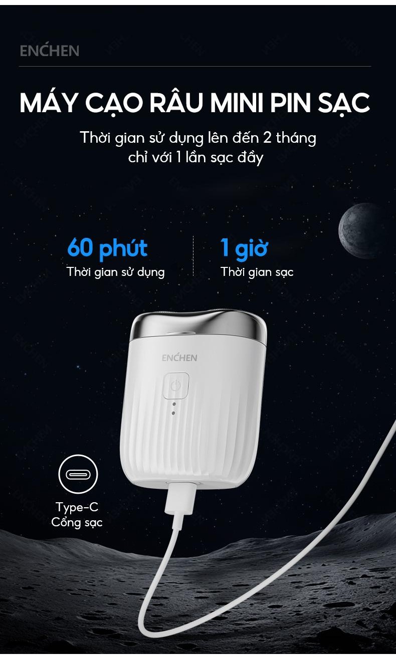 Mô tả Máy cạo râu Enchen Mini Pro - chống nước - lưỡi dao tự mài - lưới kép linh hoạt - BH 6 tháng - 7