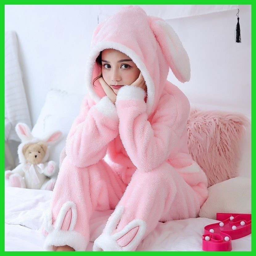 Phong Cách Mới Bộ Đồ Ngủ Mùa Đông Lông Cừu Ấm Áp San Hô Bộ Đồ Ngủ Nữ Thu Đông Dày Lông Ngọt Ngào Thỏ Dễ Thương Có Mũ Trùm Đầu Ấm Áp Có Thể Mặc Bên Ngoài Quần Áo Gia Đình