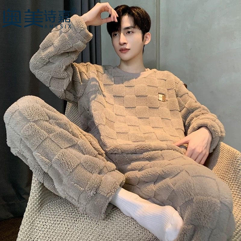 Bộ Đồ Ngủ Nam Ấm Áp Phong Cách Mới 2024 Phong Cách Mới Bộ Đồ Ngủ Lông Cừu San Hô Nam Thu Đông Lớp Lót Lông Cừu Dày Mùa Đông Thanh Niên Bé Trai Homewear Phù Hợp Với