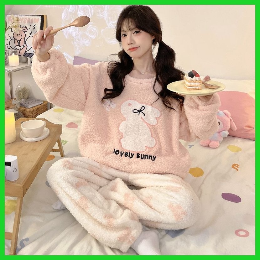 Phong Cách Mới Bộ Đồ Ngủ Mùa Đông Plus Nhung Ấm Thỏ Màu Hồng Bộ Đồ Ngủ Nữ Thu Đông 2024 Phong Cách Mới Dày Nửa Mặt Nhung Rời Dài Tay