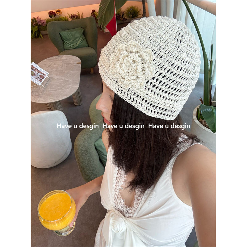Have u desgin Hàn Quốc 25ss Nguyên Chất Handmade Hoa Rỗng Baotou Mũ Nữ Mùa Hè Mỏng Đính Kim Sa Lấp Lánh Bầu Không Khí Nóng Cô Gái Áo Chui Đầu Mũ Lạnh