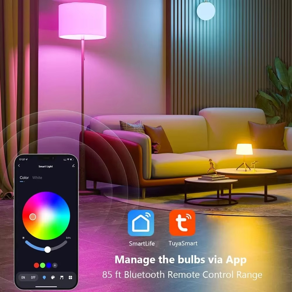 2 Bóng đèn LED WiFi thông minh E27 Điều khiển ứng dụng RGB thông minh 9W 220V Đèn đổi màu Tương thích IOS / Android Đèn thông minh Ampoule có thể điều chỉnh độ sáng cho ngoài trời trong nhà