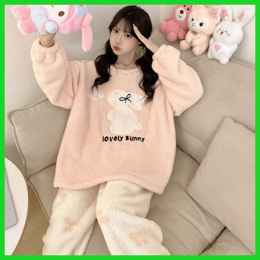 Phong Cách Mới Bộ Đồ Ngủ Mùa Đông Plus Nhung Ấm Thỏ Màu Hồng Bộ Đồ Ngủ Nữ Thu Đông 2024 Phong Cách Mới Dày Nửa Mặt Nhung Rời Dài Tay