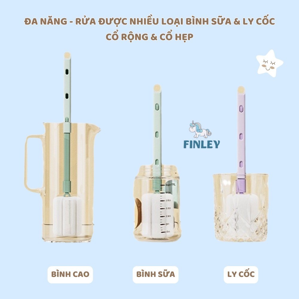 Mô tả Cọ rửa bình sữa, cọ rửa ly cốc FINLEY Moonie 4 màu, tay cầm kéo dài 4 mức tới 35cm, cọ được ly cao - 1