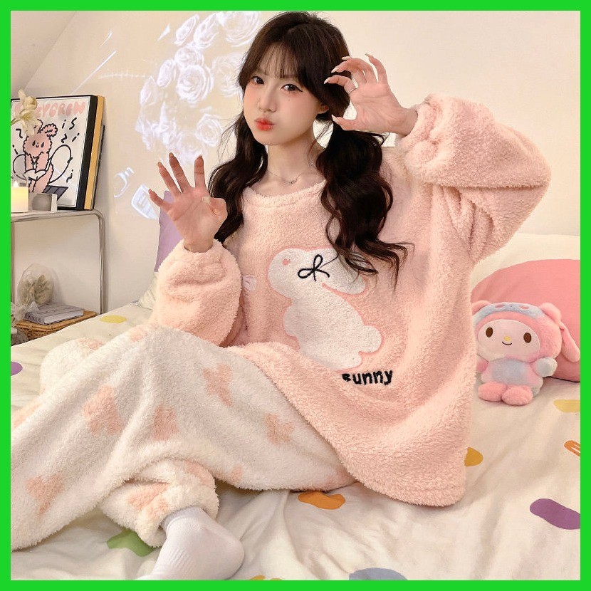 Phong Cách Mới Bộ Đồ Ngủ Mùa Đông Plus Nhung Ấm Thỏ Màu Hồng Bộ Đồ Ngủ Nữ Thu Đông 2024 Phong Cách Mới Dày Nửa Mặt Nhung Rời Dài Tay