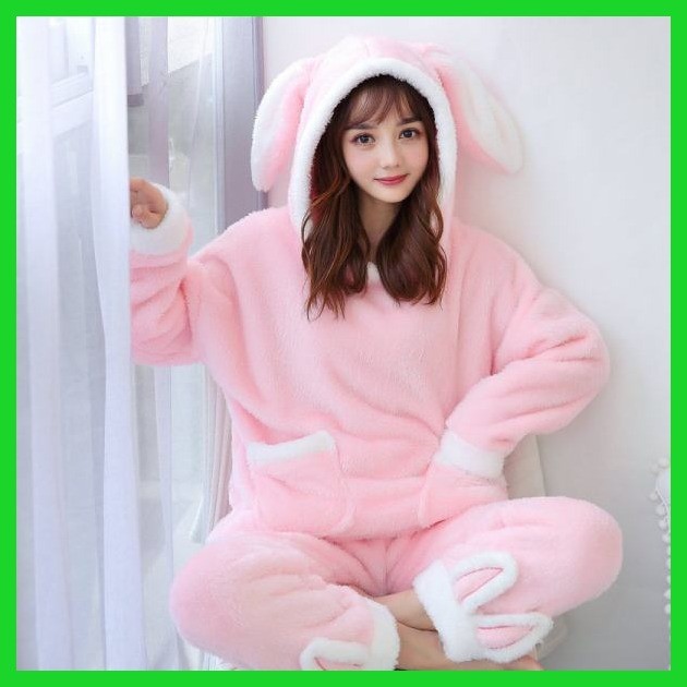 Phong Cách Mới Bộ Đồ Ngủ Mùa Đông Lông Cừu Ấm Áp San Hô Bộ Đồ Ngủ Nữ Thu Đông Dày Lông Ngọt Ngào Thỏ Dễ Thương Có Mũ Trùm Đầu Ấm Áp Có Thể Mặc Bên Ngoài Quần Áo Gia Đình