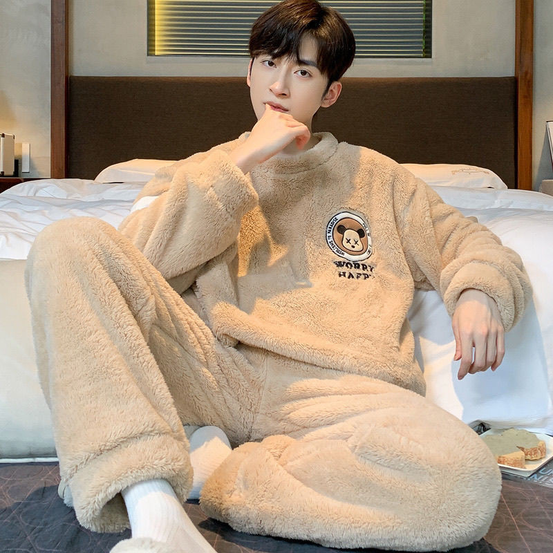 Bộ Đồ Ngủ Nam Ấm Áp Phong Cách Mới Nam Plus Size Homewear Bộ Đồ Ngủ Thu Đông San Hô Dày Ấm Lông Cừu Lót Flannel Thanh Niên Đi Chơi Phù Hợp Với