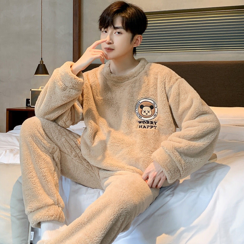 Bộ Đồ Ngủ Nam Ấm Áp Phong Cách Mới Nam Plus Size Homewear Bộ Đồ Ngủ Thu Đông San Hô Dày Ấm Lông Cừu Lót Flannel Thanh Niên Đi Chơi Phù Hợp Với