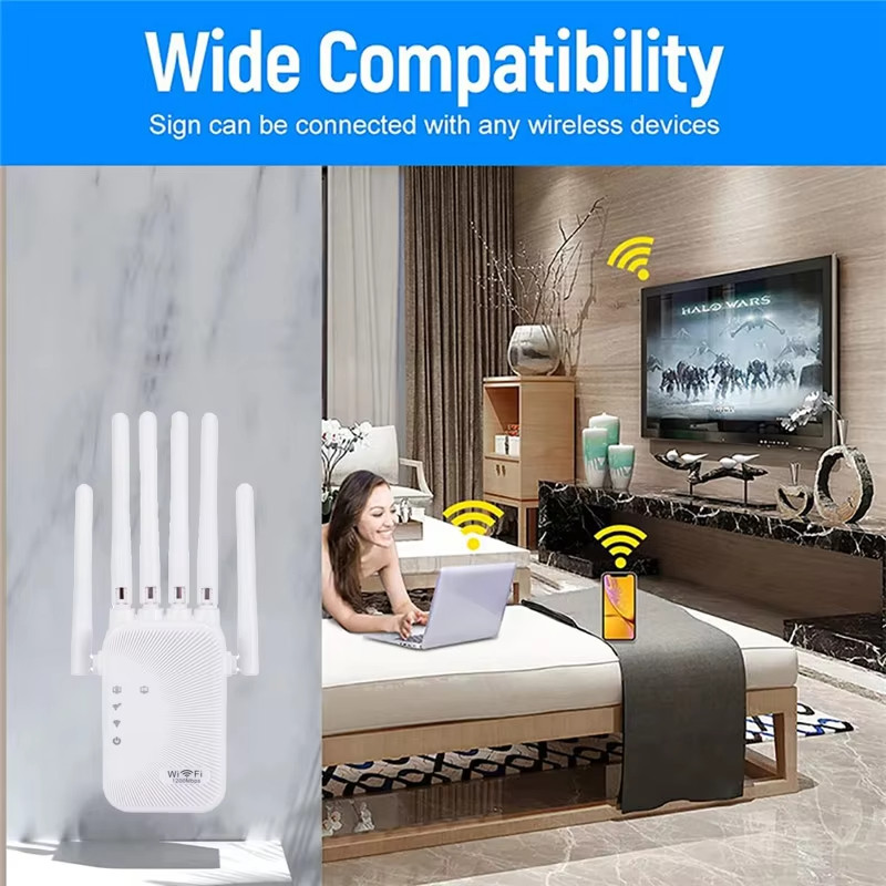Bộ lặp WiFi không dây Bộ tăng cường tín hiệu WiFi 1200Mbps 2.4G 5G Cổng mạng kép 6 Ăng-ten Bộ khuếch đại tín hiệu tầm xa cho khách sạn gia đình