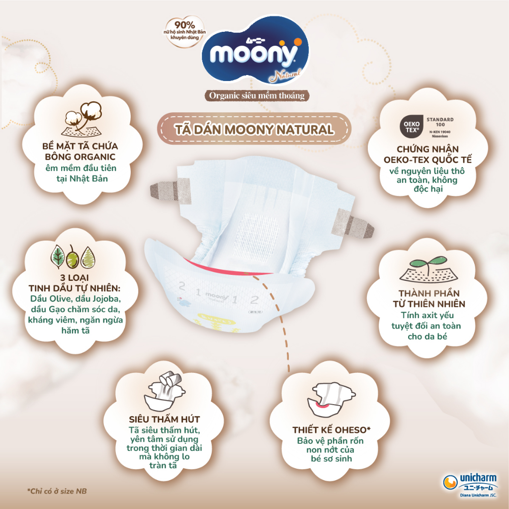 Mô tả Tã dán Moony Natural siêu cao cấp NB62+4/S58+2/M46/L38 - 1
