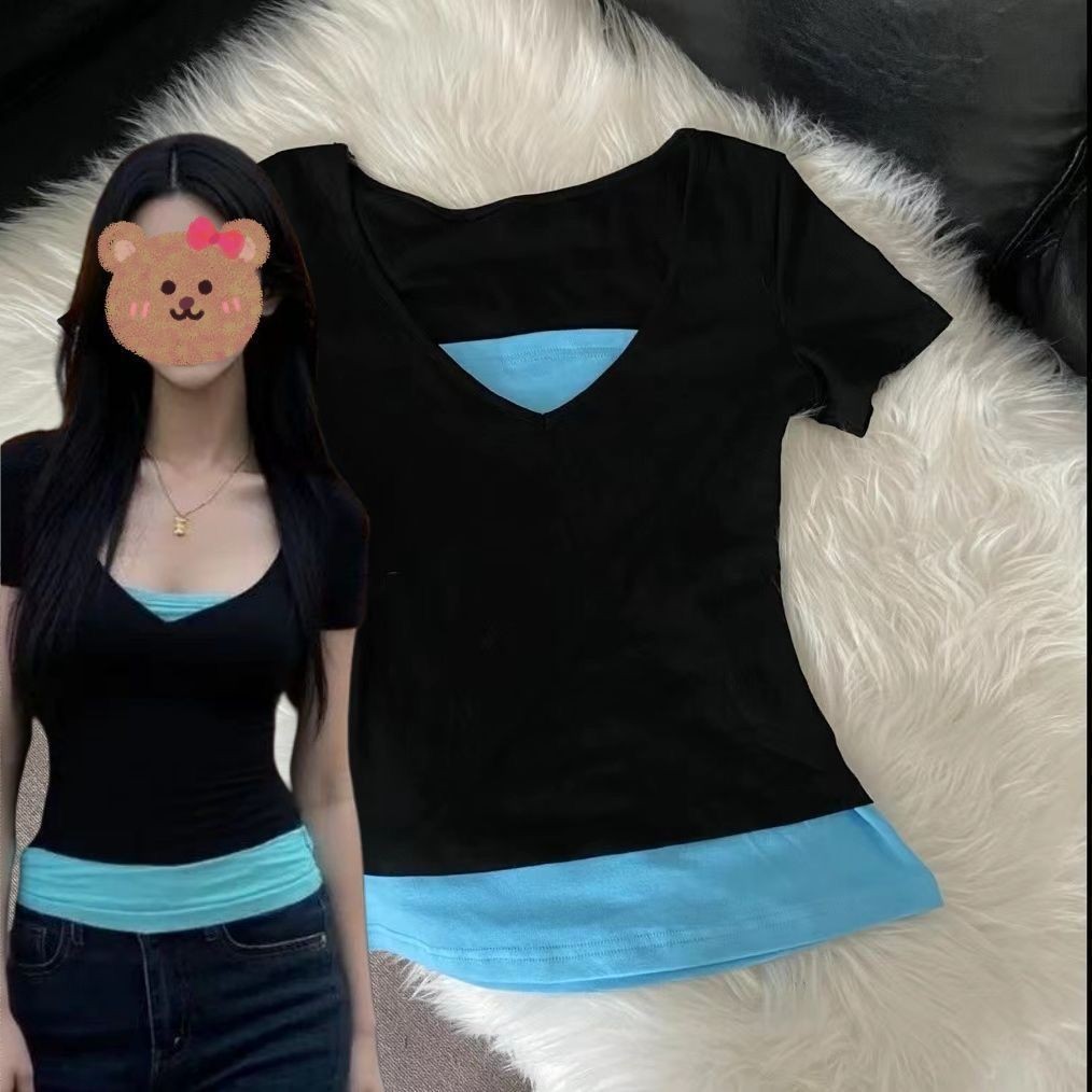 Lan ~ mùa hè Phong Cách Mới Màu Trơn Tay Ngắn Bên Trong Đáy Chữ v Thiết Kế Cảm Thấy Màu Sắc Tương Phản Giả Áo Thun Hai Mảnh Mẫu