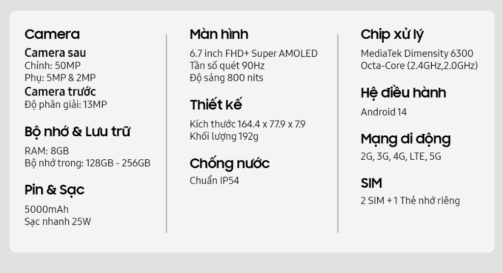 Mô tả Điện thoại Samsung Galaxy A16 5G (8GB/128GB), màn hình Super AMOLED 6.7", kháng bụi nước IP54 - 3