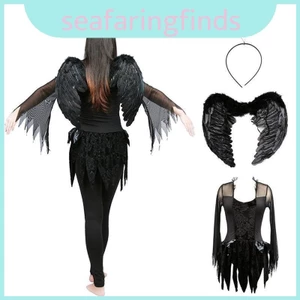 Trang phục thiên thần đen tối Halloween tuyệt đẹp dành cho nữ với đôi cánh lông vũ có thể tháo rời và đường viền cổ