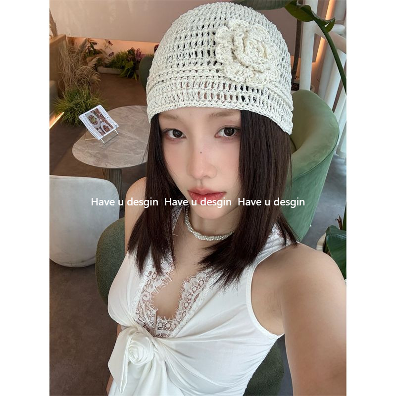 Have u desgin Hàn Quốc 25ss Nguyên Chất Handmade Hoa Rỗng Baotou Mũ Nữ Mùa Hè Mỏng Đính Kim Sa Lấp Lánh Bầu Không Khí Nóng Cô Gái Áo Chui Đầu Mũ Lạnh
