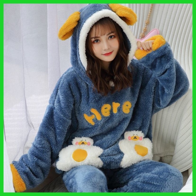 Phong Cách Mới Bộ Đồ Ngủ Mùa Đông Lông Cừu Ấm Áp San Hô Bộ Đồ Ngủ Nữ Thu Đông Dày Lông Ngọt Ngào Thỏ Dễ Thương Có Mũ Trùm Đầu Ấm Áp Có Thể Mặc Bên Ngoài Quần Áo Gia Đình