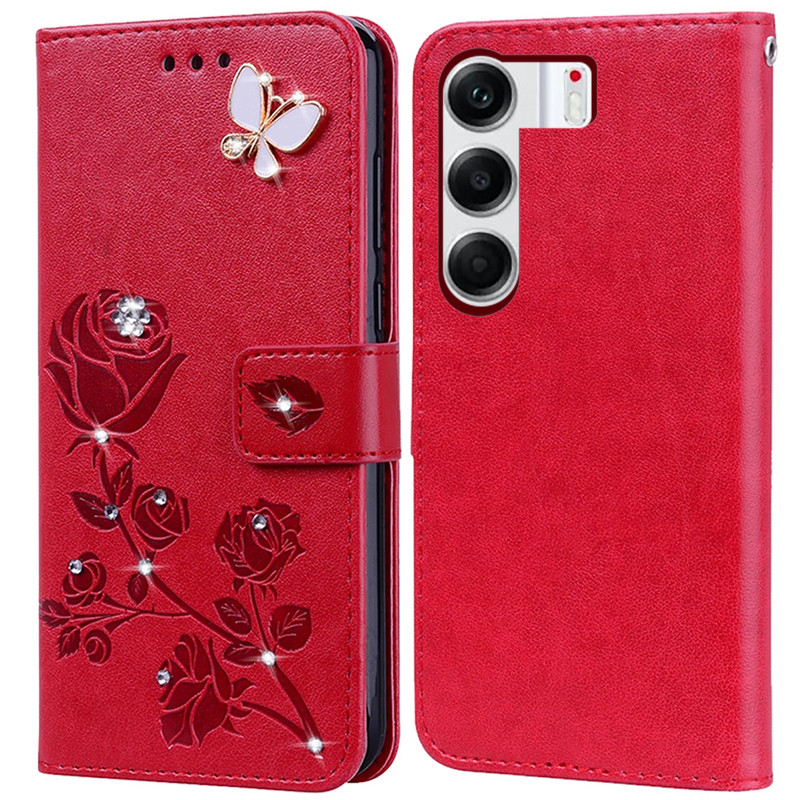 Kim Cương Dập Nổi In Hoa Hồng Ốp Lưng Điện Thoại Tecno Camon 40 Pro 5G 4G CM7 CM6 CM5 Sách Da PU Full Silicone Cover