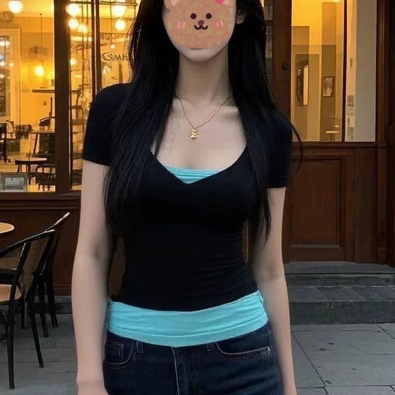 Lan ~ mùa hè Phong Cách Mới Màu Trơn Tay Ngắn Bên Trong Đáy Chữ v Thiết Kế Cảm Thấy Màu Sắc Tương Phản Giả Áo Thun Hai Mảnh Mẫu