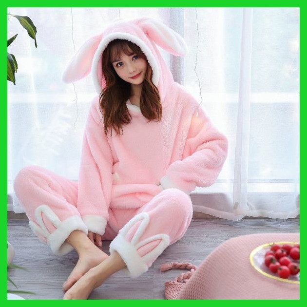 Phong Cách Mới Bộ Đồ Ngủ Mùa Đông Lông Cừu Ấm Áp San Hô Bộ Đồ Ngủ Nữ Thu Đông Dày Lông Ngọt Ngào Thỏ Dễ Thương Có Mũ Trùm Đầu Ấm Áp Có Thể Mặc Bên Ngoài Quần Áo Gia Đình