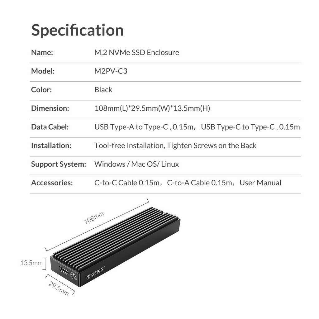 Mô tả Orico M.2 NVME Vỏ USB C Gen2 PCIe SSD M2 SATA NGFF SSD Cho 2230 / 2242 / 2260 / 2280 (M2PF)) - 5