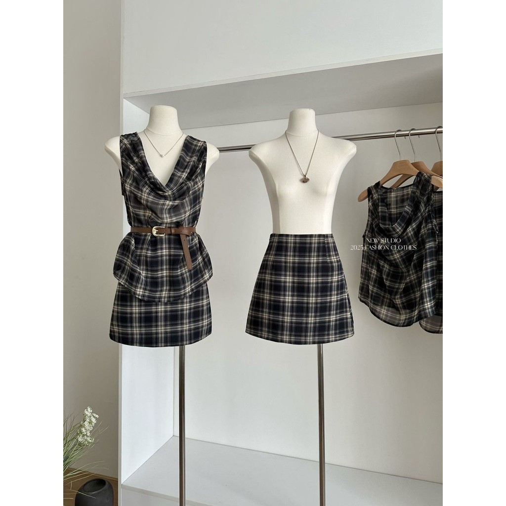 Lan ~ Lazy Hot Girl Retro Phù Hợp Với Kẻ Sọc Xoay Cổ Voan Camisole Nữ Mùa Hè Eo Cao Váy Ngắn Nhỏ Hai Mảnh Phù Hợp Với