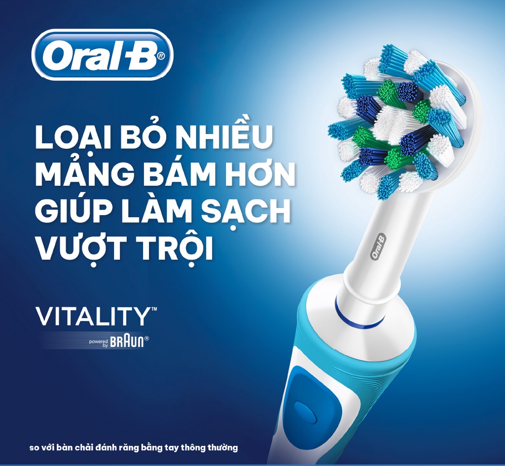 Mô tả Bàn Chải Điện ORAL-B Loại Bỏ Thêm Đến 100% Mảng Bám Vitality CrossAction - Hộp 1 Cái - 1