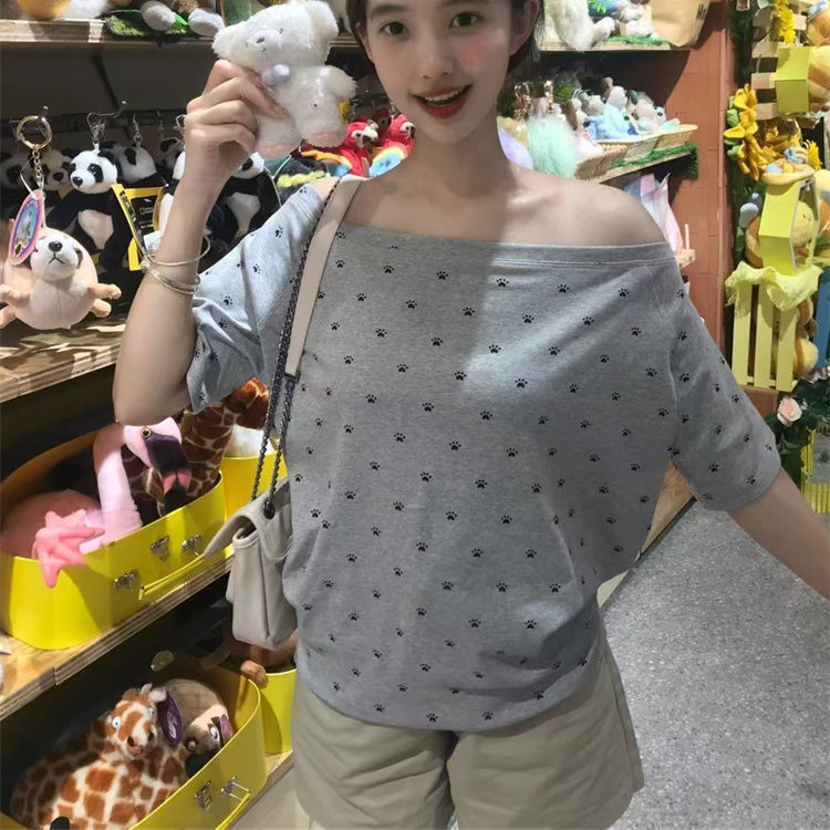 Lan ~ Quốc Gia Hợp Thời Trang Mùa Hè Rời Phù Hợp Với Phong Cách Mới Lười Thường Ngày Pure Desire Hot Girl Màu Xám Cổ Áo chéo In Hình Vai Ngắn Tay T @