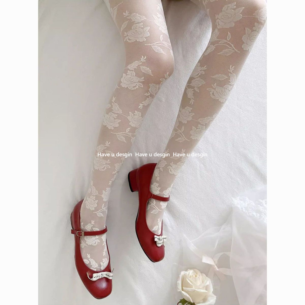Have u desgin Hoa Hồng Họa Tiết Vớ Trắng Nguyên Chất Desire Phong Cách Ren Jacquard Ngọt Ngào Pháp Mùa Hè Siêu Mỏng Trong Suốt Thịt Chân Đẹp Quần Nữ