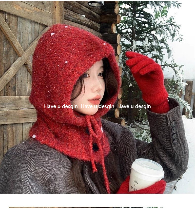 Have u desgin Đỏ Balakrafa Mũ Nữ Thu Đông Ấm Áo Chui Đầu Bảo Vệ Tai Dệt Kim Cashmere Len Mũ Yếm Một Mảnh