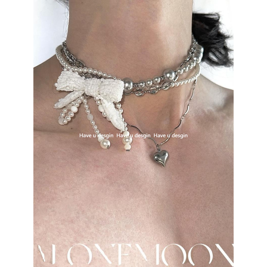 Have u desgin 2024 Phong Cách Mới Thiết Kế Ban Đầu Vòng Cổ Ngọc Trai Nơ Công Nghiệp Nặng choker Nhiều Lớp