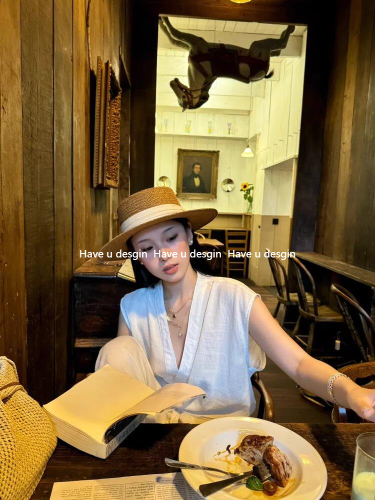 Have u desgin Old Money Style Retro Flat Top Mũ Rơm Nữ Mùa Hè Đi Biển Kỳ Nghỉ Mũ Chống Nắng Phong Cách Anh Ống Hút Che Nắng Top Hat