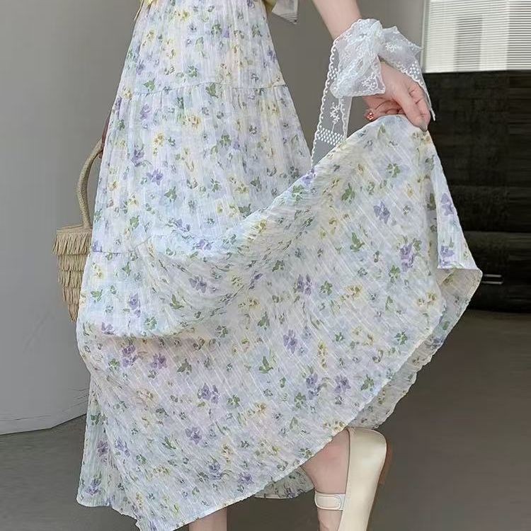 Lan ~ Váy Hoa Nữ Mùa Hè Mỏng Eo Cao Mỏng Hơn Nhìn Co Giãn Eo Xếp Ly Váy Drape a-Line Tất Cả Trận Đấu Trượt Tuyết Giữa Chiều Dài