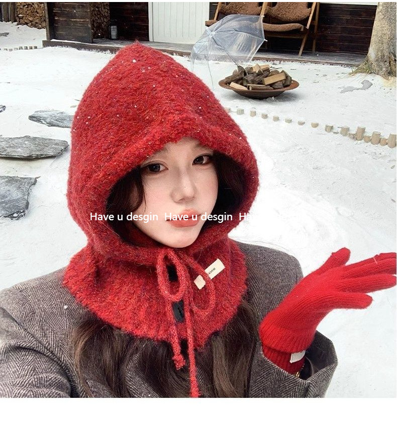Have u desgin Đỏ Balakrafa Mũ Nữ Thu Đông Ấm Áo Chui Đầu Bảo Vệ Tai Dệt Kim Cashmere Len Mũ Yếm Một Mảnh