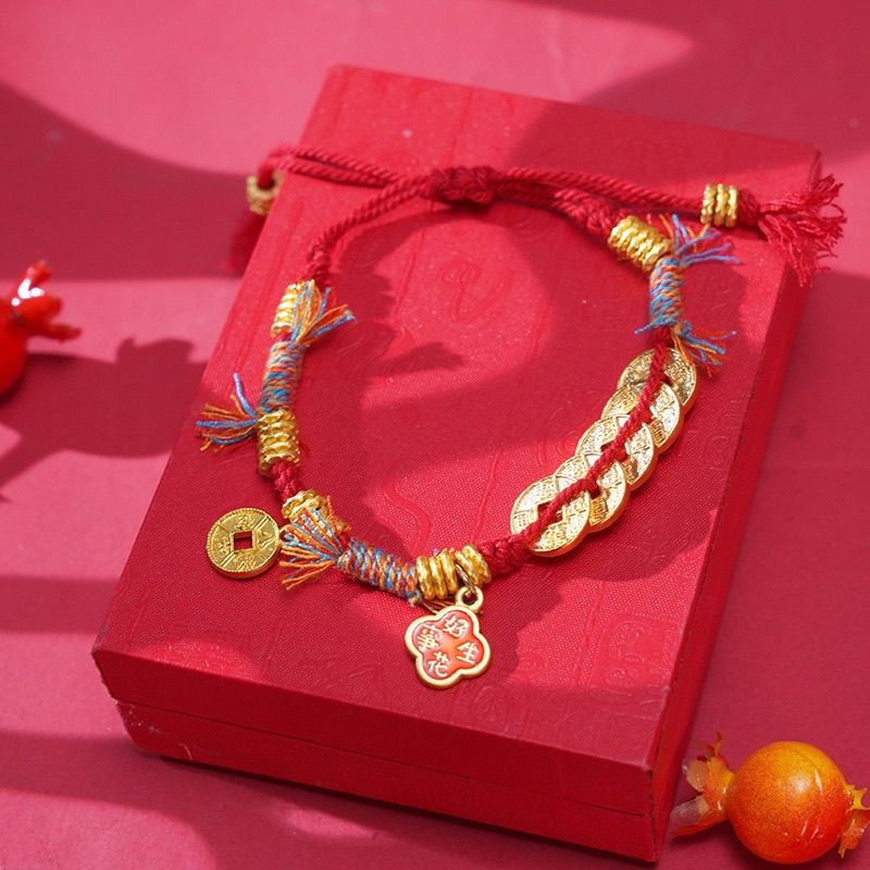 Mới Phong Cách Trung Quốc Tấm Đồng Xu Vòng Tay Dệt Tay Benming Năm Chuyển Dây Đỏ Vòng Tay Văn Hóa Sáng Tạo Trang Sức
