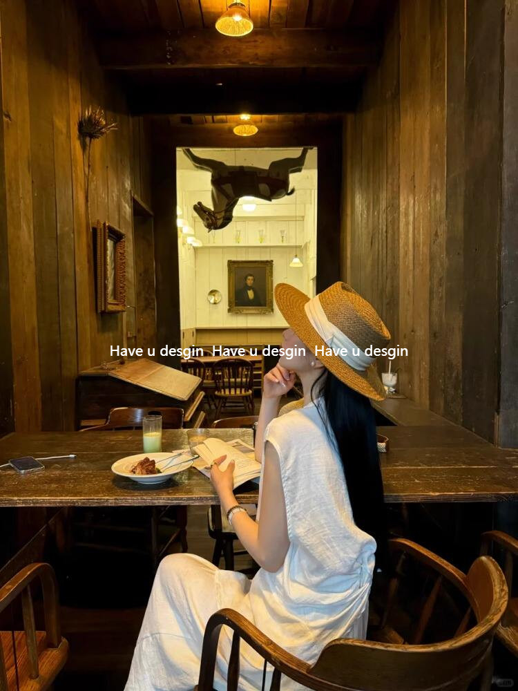 Have u desgin Old Money Style Retro Flat Top Mũ Rơm Nữ Mùa Hè Đi Biển Kỳ Nghỉ Mũ Chống Nắng Phong Cách Anh Ống Hút Che Nắng Top Hat