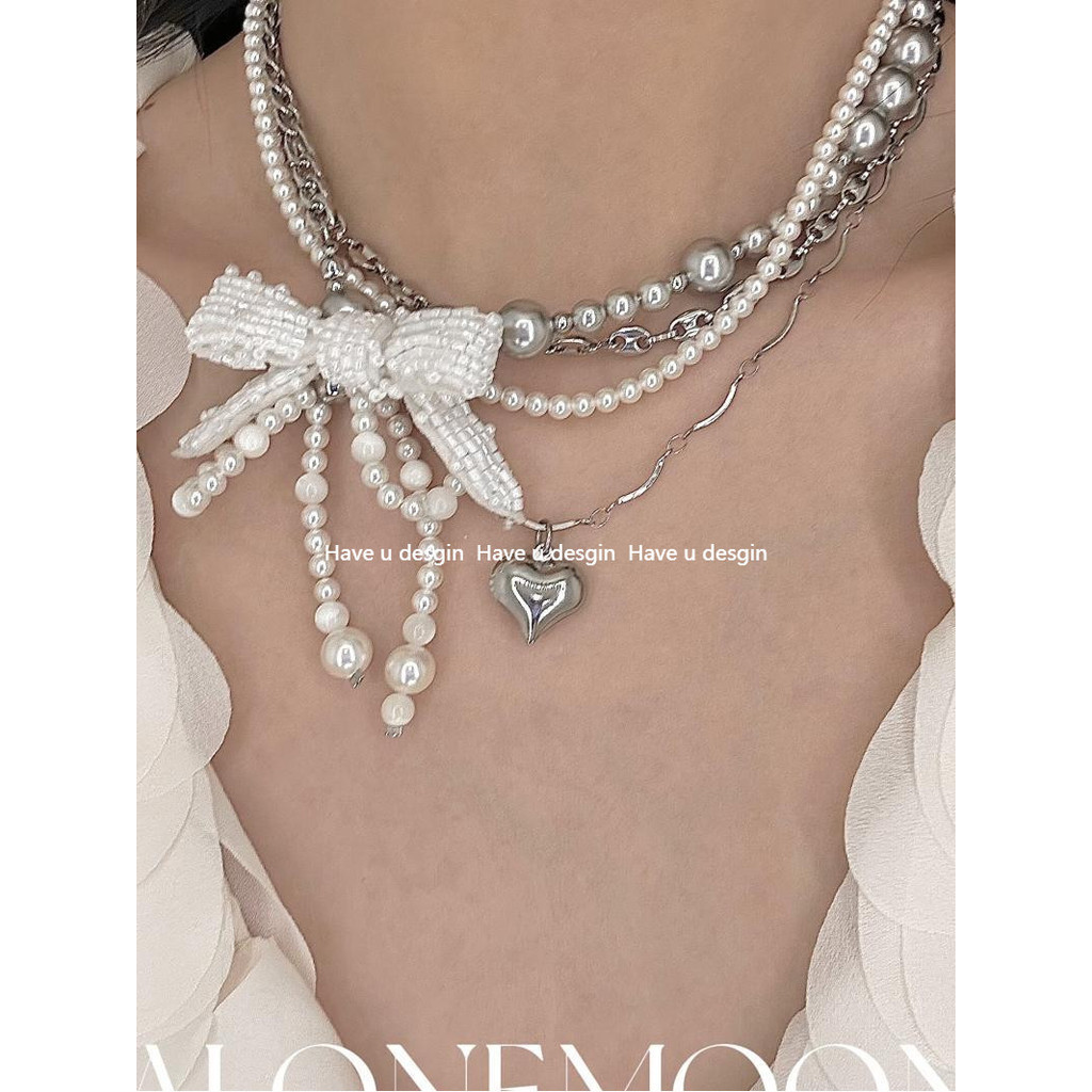 Have u desgin 2024 Phong Cách Mới Thiết Kế Ban Đầu Vòng Cổ Ngọc Trai Nơ Công Nghiệp Nặng choker Nhiều Lớp