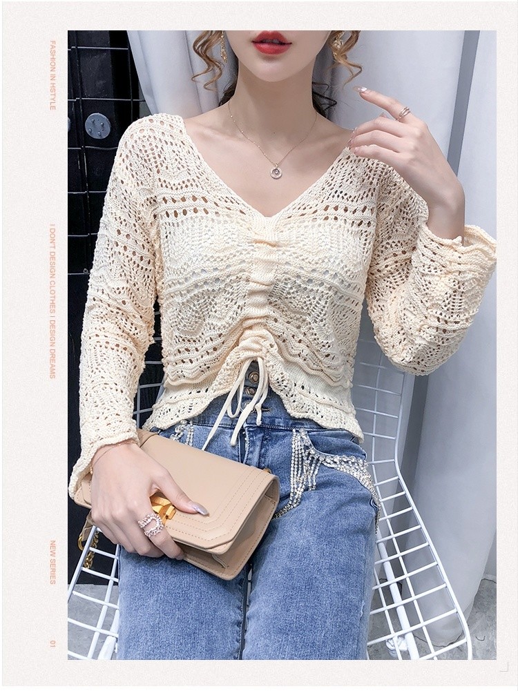Áo dệt kim cổ chữ V dây rút Rỗng Mẫu ngắn dễ phối rộng rãi mẫu mới đầu ...