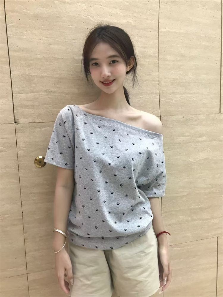 Lan ~ Quốc Gia Hợp Thời Trang Mùa Hè Rời Phù Hợp Với Phong Cách Mới Lười Thường Ngày Pure Desire Hot Girl Màu Xám Cổ Áo chéo In Hình Vai Ngắn Tay T @
