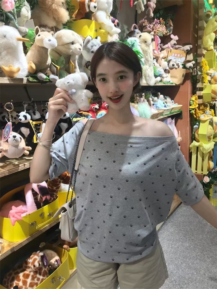 Lan ~ Quốc Gia Hợp Thời Trang Mùa Hè Rời Phù Hợp Với Phong Cách Mới Lười Thường Ngày Pure Desire Hot Girl Màu Xám Cổ Áo chéo In Hình Vai Ngắn Tay T @