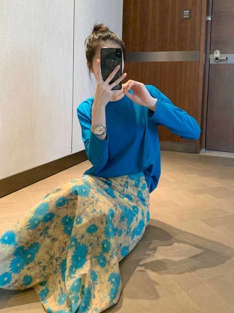 Lan ~ Mùa Hè Phong Cách Mới Kỳ Nghỉ Phong Cách Tính Khí Cao Cấp Cảm Giác Hoa Xanh Eo Co Giãn Kích Thước Lớn Váy Dài Nữ Hợp Thời Trang