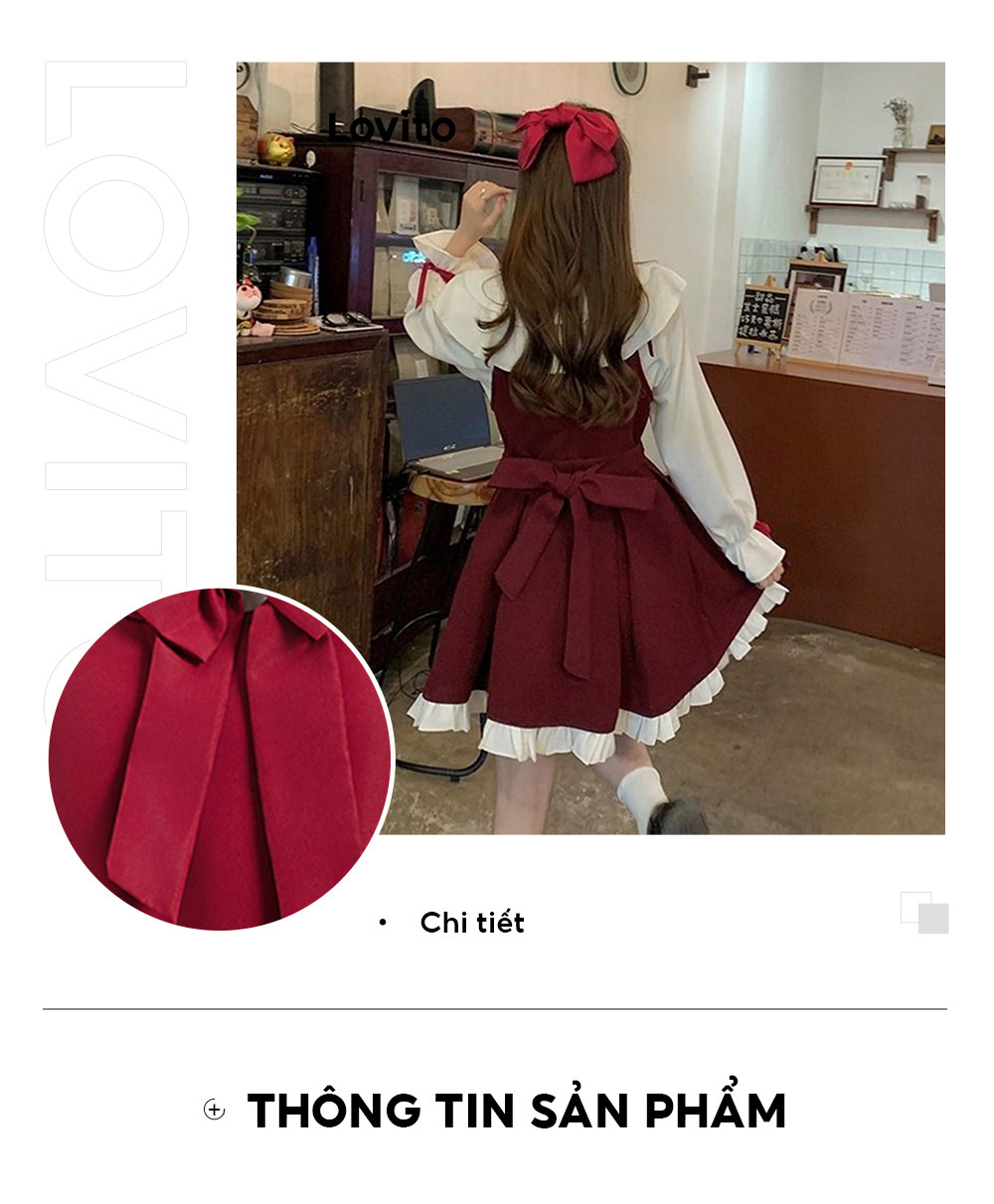 Mô tả Đầm chữ A Lovito chắp vá thắt nơ viền nhún bèo phong cách dự tiệc Giáng sinh dễ thương cho nữ LNA43050 - 4