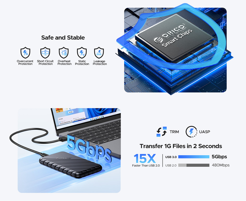 Mô tả Bộ chuyển đổi ORICO SATA sang USB 3.0 Vỏ đĩa cứng gắn ngoài SSD HDD Vỏ 5Gbps Không cần dụng cụ cho ổ cứng SATA 2,5 "(2521U3) - 3