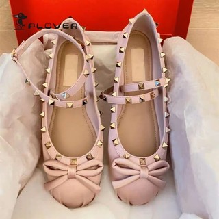 Đinh Tán Satin Giày Ballet Nữ Bên Ngoài Mặc Giày Đế Bằng Mũi Tròn Chữ Thập Dây Đeo Nơ Giày Nữ