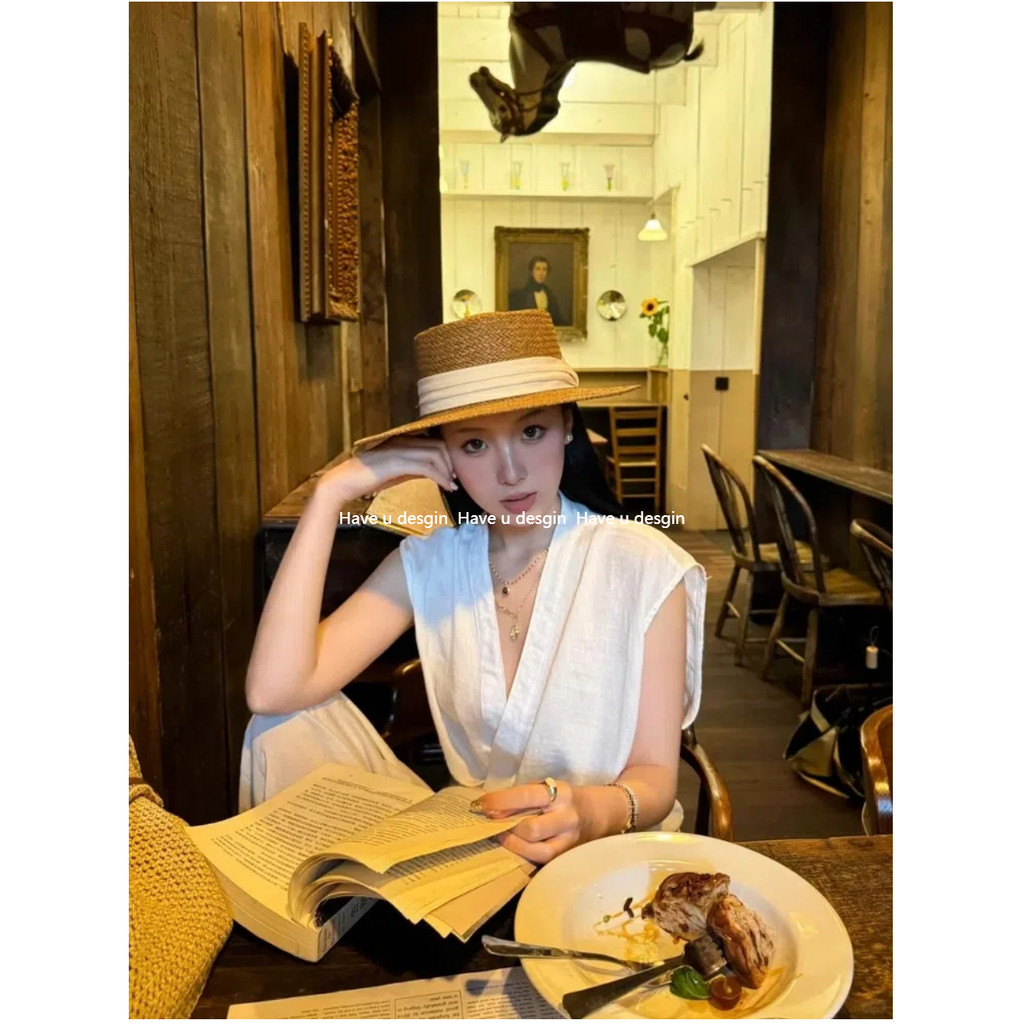 Have u desgin Old Money Style Retro Flat Top Mũ Rơm Nữ Mùa Hè Đi Biển Kỳ Nghỉ Mũ Chống Nắng Phong Cách Anh Ống Hút Che Nắng Top Hat