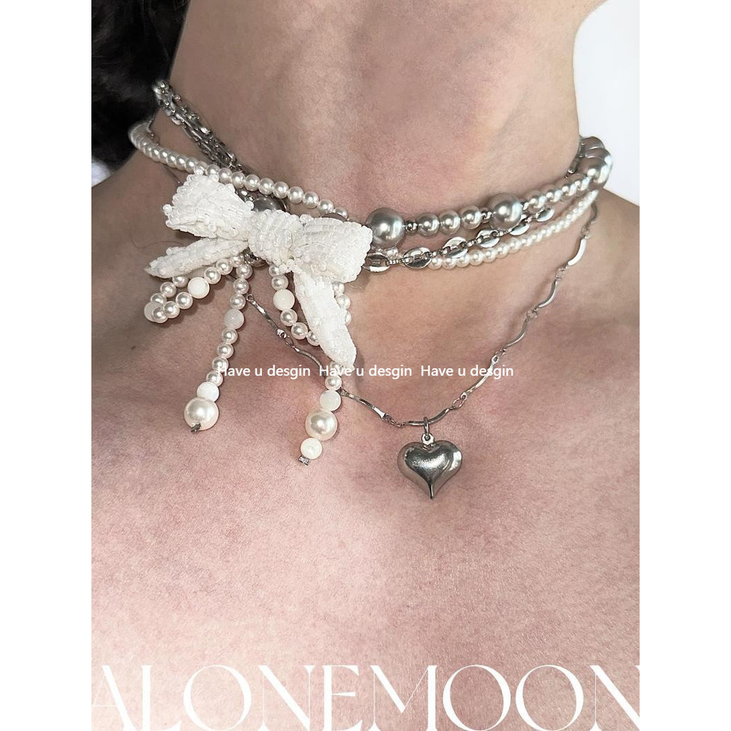 Have u desgin 2024 Phong Cách Mới Thiết Kế Ban Đầu Vòng Cổ Ngọc Trai Nơ Công Nghiệp Nặng choker Nhiều Lớp