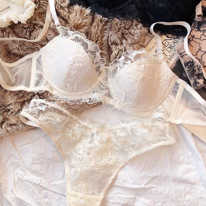 Pháp Gợi Cảm Thêu Ren Lớn Ngực Nhìn Nhỏ Thép Mềm Vòng Push-Up Áo Ngực Thiết Lập Nhẹ Đồ Lót Sang Trọng Mỏng