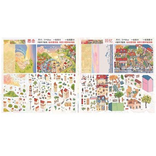 ENWEI 5 Cái [Memory Missing Series] 3D Chống Thấm Nước Chủ Đề Cuộc Sống Thị Trấn Nhãn Dán Cảnh Quan Hoạt Hình Dễ Thương Văn Phòng Phẩm Nhãn Dán Cho Thêu Sò Nhật Ký Trang Trí Kế Hoạch